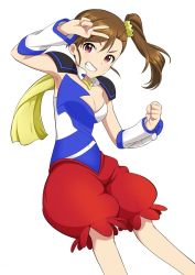 Rule 34 | 1girl, breasts, brown eyes, brown hair, cleavage, clenched hand, covered navel, detached sleeves, futami mami, grin, hair ornament, idolmaster, idolmaster (classic), long hair, looking at viewer, medium breasts, red shorts, shorts, side ponytail, smile, solo, strapless, v