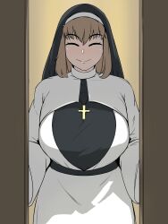 Rule 34 | 1girl, breasts, brown hair, closed eyes, coco, cowboy shot, cross, cross necklace, curvy, door, dress, female focus, habit, highres, jewelry, large breasts, necklace, nun, pale skin, short hair, smile, solo, standing, white dress