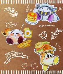 Rule 34 | :t, ^ ^, absurdres, armor, arms up, bagel, blue cape, blush, blush stickers, bread, bread slice, brown background, butter, cape, character cutout, chewing, closed eyes, closed mouth, croissant, eating, egg (food), english text, food, food bite, fork, french text, fried egg, fried egg on toast, full body, gloves, happy, highres, holding, holding fork, holding tray, kirby, kirby (series), mask, meta knight, miwa (ahyuck), musical note, nintendo, no humans, no mouth, notice lines, outline, pancake, pancake stack, plate, puff of air, running, sandwich, shoulder armor, sitting, smile, solid oval eyes, speech bubble, spoken musical note, steam, talking, toast, tray, waddle dee, white gloves, white outline, yellow eyes