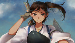 Rule 34 | 10s, 1girl, arrow (projectile), bad id, bad pixiv id, blurry, bow (weapon), brown eyes, brown hair, depth of field, derivative work, floating hair, hair ornament, hair ribbon, japanese clothes, kaga (kancolle), kantai collection, looking at viewer, outdoors, ribbon, side ponytail, sky, smile, solo, upper body, viola (seed), weapon
