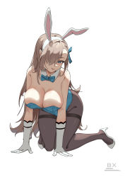 Rule 34 | 1girl, absurdres, animal ears, aqua bow, aqua bowtie, aqua leotard, artist name, asuna (blue archive), asuna (bunny) (blue archive), bare shoulders, black pantyhose, blonde hair, blue archive, blue eyes, blush, bow, bowtie, breasts, bx (zhileng yasuoji), cleavage, elbow gloves, fake animal ears, gloves, hair between eyes, hair over one eye, hair ribbon, hands on floor, high heels, highres, kneeling, large breasts, leotard, long hair, looking at viewer, official alternate costume, open mouth, pantyhose, playboy bunny, rabbit ears, ribbon, smile, solo, traditional bowtie, white background, white footwear, white gloves