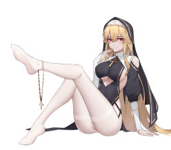 Rule 34 | 1girl, alternate costume, azur lane, barefoot, blonde hair, blush, breasts, chinese commentary, closed mouth, cross, cross necklace, feet, full body, gloves, hand on floor, highres, holding, jewelry, large breasts, leg up, legs, lips, long hair, looking at viewer, necklace, no shoes, nun, on floor, pantyhose, partially fingerless gloves, purple eyes, richelieu (azur lane), sidelocks, soles, solo, thighs, underboob, very long hair, white background, white gloves, white pantyhose, wsfw