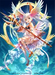 Rule 34 | 10s, 1girl, angel, angel wings, armor, blue eyes, breastplate, clothing cutout, copyright name, copyright notice, flying, from below, full body, fuzichoco, head wings, holding, holding staff, kneehighs, last chronicle, long hair, official art, planet, polearm, shoes, side cutout, sky, smile, socks, solo, staff, tama (wixoss), trident, twintails, very long hair, weapon, white hair, wide sleeves, wings, wings angel wings, wixoss