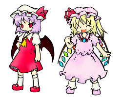 Rule 34 | 2girls, ascot, blonde hair, cosplay, costume switch, female focus, flandre scarlet, flandre scarlet (cosplay), miki (mizuki), multiple girls, purple hair, red eyes, remilia scarlet, remilia scarlet (cosplay), simple background, smile, touhou, white background, wings