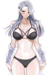 Rule 34 | 1girl, black bra, black panties, blush, bow, bow panties, bra, breasts, breasts apart, dress shirt, gluteal fold, grey hair, hair over one eye, highres, large breasts, looking at viewer, navel, niijima sae, no pants, off shoulder, panties, persona, persona 5, red eyes, shirt, simple background, skindentation, solo, thighs, tommy (kingdukeee), underwear, white background, white shirt