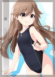 Rule 34 | 1girl, arashio (kancolle), black one-piece swimsuit, blush, breasts, brown eyes, character name, collarbone, competition swimsuit, covered navel, cowboy shot, highleg, highleg swimsuit, highres, inaba shiki, kantai collection, long hair, looking at viewer, one-piece swimsuit, shadow, signature, small breasts, smile, solo, swimsuit
