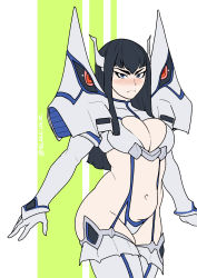 Rule 34 | 1girl, absurdres, armor, belly, black hair, blanclauz, breasts, cleavage, garter straps, gloves, green background, highres, junketsu, kill la kill, kiryuuin satsuki, large breasts, long hair, looking at viewer, plump, shoulder armor, solo, thighhighs, thong, twitter username, two-tone background, white background
