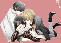 Rule 34 | 3boys, animal print, black hair, blonde hair, boots, closed eyes, full body, glasses, high heel boots, high heels, leopard print, male focus, multiple boys, open mouth, original, red eyes, riff (artist), shoes, smile, yaoi