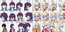 Rule 34 | 1boy, 1girl, angry, blue hair, blush, bow (understand), collarbone, crying, crying with eyes open, expression chart, expressions, flower, goggles, goggles on head, hair flower, hair ornament, jewelry, looking at viewer, looking to the side, multicolored hair, multiple views, necklace, nia teppelin, open mouth, simon (ttgl), smile, tears, tengen toppa gurren lagann