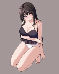 Rule 34 | 1girl, arm at side, arm under breasts, bang dream!, bare arms, bare legs, bare shoulders, barefoot, black camisole, black hair, blush, breasts, camisole, cleavage, closed mouth, collarbone, full body, grey background, head tilt, highres, kneeling, large breasts, long hair, looking at viewer, midriff, panties, ptal, purple eyes, shirokane rinko, sidelocks, simple background, solo, spaghetti strap, tiptoes, underwear, underwear only, white panties
