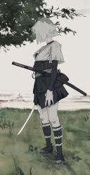 Rule 34 | 1girl, arm at side, bchan1582, belt, black nails, black skirt, black socks, blunt ends, blurry, blurry background, bob cut, colored skin, facing away, from side, full body, grass, grey skin, highres, holding, holding sword, holding weapon, japanese clothes, katana, kneehighs, layered sleeves, long sleeves, looking to the side, nail polish, original, quilted clothes, sandals, shade, sheath, sheathed, shirt, short over long sleeves, short sleeves, skirt, sky, socks, solo, standing, sword, tabi, toeless footwear, tree, unsheathed, weapon, white hair, white shirt, white sky, ||/