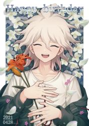Rule 34 | 1boy, :d, absurdres, artist name, border, closed eyes, closed mouth, collarbone, commentary request, danganronpa (series), danganronpa 2: goodbye despair, dated, dogwood (flower), facing viewer, flower, hair between eyes, haizai, hands on own chest, hands up, happy birthday, highres, holding, holding flower, jacket, komaeda nagito, long sleeves, looking at viewer, lying, male focus, on back, open mouth, petals, red flower, shirt, smile, solo, upper body, white border, white hair, white shirt