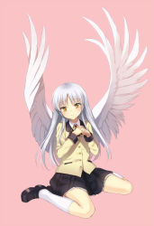 Rule 34 | 10s, 1girl, angel beats!, blazer, blush, full body, highres, jacket, kneehighs, kurasawa moko, loafers, long hair, looking at viewer, own hands clasped, own hands together, pink background, school uniform, shoes, silver hair, simple background, sitting, skirt, smile, socks, solo, tenshi (angel beats!), wariza, white socks, white wings, wings, yellow eyes
