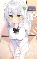 Rule 34 | 1girl, :o, black bow, blush, bow, bowtie, breasts, chihiro (khorosho), collared shirt, commentary request, green eyes, hair bow, hair rings, indoors, large breasts, long sleeves, original, shirt, sitting, solo focus, thighhighs, toilet, toilet use, white hair, white shirt, white thighhighs