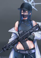 Rule 34 | 1girl, absurdres, assault rifle, baseball cap, belt, black gloves, black hat, black mask, blue archive, blue eyes, blue hair, blue pants, blue shirt, clothes pull, feet out of frame, gloves, grey background, gun, hat, highres, holding, holding gun, holding weapon, jacket, jacket pull, lithographica, long hair, long sleeves, looking at viewer, masked, open clothes, open jacket, pants, rifle, saori (blue archive), shirt, sig 516, solo, standing, twitter username, weapon, white jacket