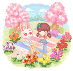 Rule 34 | 2girls, ^ ^, animal crossing, apple, aqua dress, baguette, balloon, basket, blanket, blue skirt, blue sky, blunt bangs, blush, boots, bottle, box, bread, brown hair, cherry blossoms, closed eyes, closed mouth, cloud, commentary request, cup, day, dress, eyelashes, falling petals, flower, food, freckles, fruit, furry, furry female, gift, gift box, grass, green flower, hair flower, hair ornament, holding, holding cup, holding food, long hair, low twintails, moai (aoh), multiple girls, nintendo, orange flower, outdoors, petals, picnic, picnic basket, pink flower, pink rose, pink shirt, purple flower, rabbit girl, red eyes, red flower, red rose, rose, ruby (animal crossing), shirt, short sleeves, sitting, skirt, sky, sleeveless, sleeveless dress, smile, thermos, tree, tulip, twintails, villager (animal crossing), water bottle, white flower, white footwear, white rose, yellow flower