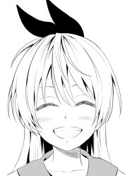 Rule 34 | 1girl, :d, attsun (atsushi jb), blush, bow, close-up, closed mouth, facing viewer, greyscale, hair between eyes, hair bow, highres, kirisaki chitoge, monochrome, nisekoi, open mouth, portrait, sailor collar, school uniform, serafuku, simple background, smile, solo, white background
