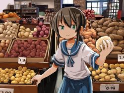 Rule 34 | 1girl, blue neckwear, blue sailor collar, blue skirt, brown hair, commentary, day, english commentary, food, fubuki (kancolle), green eyes, holding, holding food, holding vegetable, indoors, kantai collection, looking at viewer, low ponytail, pleated skirt, potato, sailor collar, school uniform, serafuku, shop, short ponytail, sidelocks, sixten, skirt, smile, solo, vegetable, window