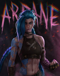 Rule 34 | 1girl, abs, absurdres, arcane: league of legends, arcane jinx, arm tattoo, bare shoulders, blue eyes, blue hair, braid, brown choker, character name, choker, clenched hand, cloud tattoo, copyright name, crop top, eugenexedge, facial tattoo, fingerless gloves, gloves, hair over face, highres, jinx (league of legends), league of legends, long hair, looking at viewer, navel, shoulder tattoo, solo, stomach tattoo, tattoo, toned, twin braids