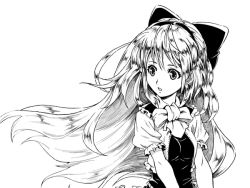 Rule 34 | 1girl, :o, bow, capelet, frills, fukukitaru, greyscale, hair bow, hair ornament, hairband, long hair, monochrome, original, puffy sleeves, short sleeves, simple background, solo, standing, white background