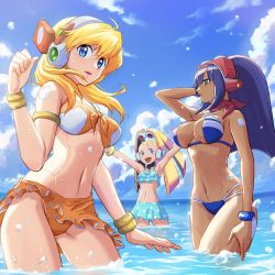 Rule 34 | 3girls, :d, \o/, alia (mega man), android, arm up, armlet, armpits, arms up, bare shoulders, bikini, bikini skirt, blonde hair, blue bikini, blue eyes, blue sky, blunt bangs, blush, bracelet, breasts, cameltoe, cleavage, cloud, commentary request, cowboy shot, dark-skinned female, dark skin, day, flat chest, green eyes, groin, hair between eyes, headgear, highres, hime cut, hoshi mikan, jewelry, large breasts, layer (mega man), long hair, looking at viewer, mega man (series), mega man x (series), mega man x dive, midriff, mole, mole under eye, multiple girls, navel, ocean, open mouth, outdoors, outstretched arms, pallette (mega man), polka dot, polka dot bikini, purple hair, purple scarf, robot ears, scarf, sidelocks, sky, smile, standing, swimsuit, thighs, twintails, wading, water, water drop, wet, yellow bikini