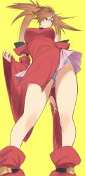 Rule 34 | 1girl, bare legs, bare shoulders, breasts, brown eyes, brown hair, china dress, chinese clothes, closed mouth, covered erect nipples, covered navel, detached sleeves, dress, feet out of frame, guilty gear, guilty gear xrd, highres, kuma (jk0073), kuradoberi jam, large breasts, long hair, looking away, panties, skin tight, skirt, solo, swept bangs, underwear, white panties, wide sleeves, yellow background
