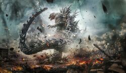 Rule 34 | 3d, building, city, claws, day, debris, destruction, dinosaur, dust, embers, epic, fire, from behind, giant, giant monster, godzilla, godzilla (series), godzilla minus one, kaijuu, monster, mutant, no humans, official art, official wallpaper, open mouth, otani kimito, power lines, promotional art, rubble, ruins, sea monster, sharp teeth, smoke, spikes, tail, teeth, toho, wallpaper