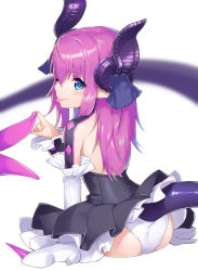 Rule 34 | 1girl, ;p, accidental exposure, ass, back, bad id, bad pixiv id, bare back, black dress, blue eyes, blurry, blurry background, blush, closed mouth, clothes lift, clothing cutout, curled horns, dabuki, depth of field, detached sleeves, dragon horns, dragon tail, dress, dress lift, elizabeth bathory (fate), elizabeth bathory (fate/extra ccc), elizabeth bathory (first ascension) (fate), fate (series), frilled sleeves, frills, from behind, high heels, highres, horns, layered dress, leaning forward, long hair, long sleeves, looking back, one eye closed, panties, pantyshot, pink hair, pointy ears, sitting, smile, solo, straight hair, tail, tail through clothes, tongue, tongue out, underwear, wariza, white footwear, white panties, wrist cuffs