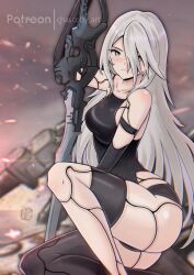 Rule 34 | 1girl, a2 (nier:automata), absurdres, android, bare shoulders, blue eyes, blurry, blurry background, breasts, chascoby, closed mouth, collarbone, commentary, hair intakes, highres, holding, holding sword, holding weapon, joints, long hair, looking at viewer, medium breasts, nier:automata, nier (series), patreon username, solo, squatting, sword, watermark, weapon, white hair