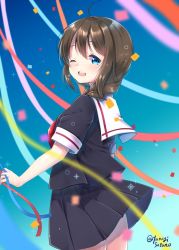 Rule 34 | 1girl, ;d, ahoge, anniversary, black serafuku, black skirt, blue eyes, braid, brown hair, confetti, cowboy shot, from behind, hair over shoulder, joujou, kantai collection, looking at viewer, neckerchief, one eye closed, open mouth, pleated skirt, red neckerchief, school uniform, serafuku, shigure (kancolle), short sleeves, single braid, skirt, smile, solo, twitter username