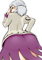 Rule 34 | 1girl, ass, braid, brown jacket, dress, embarrassed, french braid, hand on own hip, hand on own face, huge ass, jacket, kagehito, kishin sagume, long sleeves, looking at viewer, looking back, looking down, no wings, open mouth, purple dress, red eyes, short dress, short hair, silver hair, simple background, skirt, solo, thighs, touhou, white background
