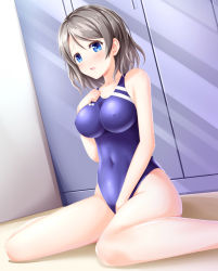 Rule 34 | 1girl, absurdres, blue eyes, blue one-piece swimsuit, competition swimsuit, covered navel, grey hair, highres, impossible clothes, impossible swimsuit, kyamu (qqea92z9n), locker, love live!, love live! sunshine!!, one-piece swimsuit, purple one-piece swimsuit, short hair, sitting, solo, swimsuit, wariza, watanabe you