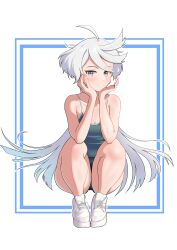 Rule 34 | 1girl, absurdres, ahoge, blush, breasts, cleavage, closed mouth, grey eyes, gundam, gundam suisei no majo, highres, long hair, looking at viewer, miorine rembran, shourai, simple background, small breasts, smile, solo, squatting, thighs, white background, white hair