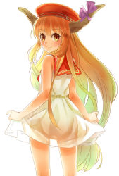 Rule 34 | 1girl, alternate costume, blush, dress, fang, hat, highres, horn ornament, horn ribbon, horns, ibuki suika, long hair, looking at viewer, looking back, low-tied long hair, matching hair/eyes, nishiuri, orange eyes, orange hair, pointy ears, revision, ribbon, sailor collar, sailor dress, see-through silhouette, simple background, smile, solo, touhou, very long hair, white background