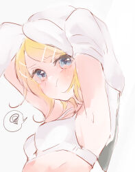 Rule 34 | 1girl, :t, armpits, blonde hair, blue eyes, blush, bow, breasts, commentary request, embarrassed, hair bow, hair ornament, hairclip, highres, kagamine rin, looking at viewer, medium breasts, mimi mine, pout, shirt, sideways glance, sketch, spoken squiggle, squiggle, undressing, vocaloid, white bow