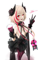 Rule 34 | 1girl, black dress, black gloves, blonde hair, blush, breasts, chaciooh, cup, dinergate (girls&#039; frontline), dress, dress flower, drinking glass, flower, girls&#039; frontline, glass, gloves, hair flower, hair ornament, highres, holding, holding cup, looking at viewer, m4 sopmod ii (devourer of the feast) (girls&#039; frontline), m4 sopmod ii (girls&#039; frontline), mechanical arms, medium breasts, medium hair, multicolored hair, open mouth, pantyhose, red eyes, red pantyhose, single mechanical arm, solo, v, white background, wine glass