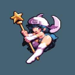 Rule 34 | 1girl, alternate costume, alternate hairstyle, black hair, black panties, blue background, blush, boots, commentary request, cookie (touhou), elbow gloves, fairy wings, fingerless gloves, full body, gloves, highres, holding, holding staff, long hair, looking at viewer, medium bangs, open mouth, panties, pixel art, purple eyes, shunga youkyu, simple background, smile, solo, staff, star (symbol), star sapphire, thigh boots, thighs, tonchamon san, touhou, underwear, very long hair, white footwear, white gloves, white headwear, wings