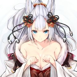 Rule 34 | 10s, 1girl, animal ears, bad id, bad pixiv id, bare shoulders, blue eyes, breasts, cleavage, clenched hand, erune, female focus, fur trim, granblue fantasy, hair ornament, highres, large breasts, long hair, looking at viewer, smile, societte (granblue fantasy), solo, upper body, watao, white hair, wide sleeves