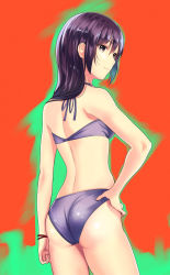 Rule 34 | 1girl, ass, bare arms, bare shoulders, bikini, closed mouth, contrapposto, cowboy shot, from behind, green background, highres, kagematsuri, looking at viewer, looking back, original, purple bikini, purple eyes, purple hair, red background, smile, solo, swimsuit, two-tone background, wristband