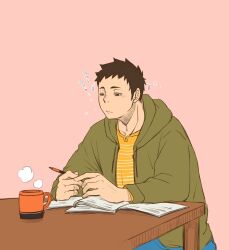 Rule 34 | 1boy, blue pants, brown eyes, brown hair, cup, green hoodie, haikyuu!!, hood, hoodie, male focus, motion lines, mug, notice lines, open clothes, open hoodie, pants, pink background, pon kan, sawamura daichi, shirt, short hair, simple background, sleepy, solo, table, textbook, translated, wooden table, yellow shirt