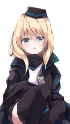 Rule 34 | 1girl, amano kouki, arknights, between legs, black hat, black jacket, black scarf, black skirt, black thighhighs, blonde hair, blue eyes, blush, commentary request, durin (arknights), feet out of frame, garrison cap, hair between eyes, hand between legs, hat, highres, jacket, long hair, long sleeves, looking at viewer, open clothes, open jacket, parted lips, pleated skirt, scarf, shirt, simple background, skirt, sleeves past fingers, sleeves past wrists, solo, thighhighs, white background, white shirt