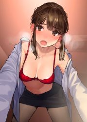 Rule 34 | 1girl, absurdres, all fours, bare shoulders, black pantyhose, black skirt, blush, bra, breasts, brown eyes, brown hair, cleavage, commentary request, douki-chan (douki-chan), ganbare douki-chan, heavy breathing, highres, looking at viewer, medium breasts, miniskirt, navel, open clothes, open mouth, open shirt, pantyhose, partially undressed, pencil skirt, red bra, sidelocks, skirt, solo, teeth, tight skirt, underwear, yomu (sgt epper)