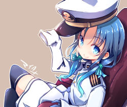 Rule 34 | 1girl, admiral (kancolle), admiral (kancolle) (cosplay), black thighhighs, blue eyes, blue hair, cosplay, hat, jacket, kantai collection, long hair, low twintails, maiku, military, military uniform, naval uniform, peaked cap, ribbon, sitting, skirt, sleeves past fingers, sleeves past wrists, solo, suzukaze (kancolle), thighhighs, twintails, uniform, white hat, white jacket, white skirt
