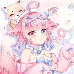Rule 34 | 1girl, ahoge, animal, animal ears, animal on head, beret, blue bow, blue eyes, blue hair, bow, breasts, cleavage, closed mouth, ears down, flower, fox, fox ears, fox tail, gradient background, gyaza, hat, heterochromia, highres, indie virtual youtuber, large breasts, looking at viewer, off-shoulder sweater, off shoulder, on head, pink eyes, pink flower, pink hair, pink sweater, pink tail, sakurai haruka (vtuber), sleeves past fingers, sleeves past wrists, smile, solo, sweater, tail, upper body, virtual youtuber, white background, white hat, zoom layer