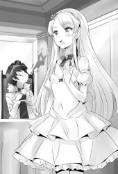 Rule 34 | 1boy, 1girl, blush, bow, bowtie, breasts, choker, cleavage, coat, covered navel, cowboy shot, cup, detached sleeves, dress, floating hair, frilled dress, frills, fur coat, greyscale, hairband, heterochromia, highres, holding, holding cup, indoors, isekai wa smartphone to tomo ni., layered dress, long hair, long sleeves, monochrome, novel illustration, official art, open clothes, open coat, open mouth, sitting, sleeveless, sleeveless dress, small breasts, standing, strapless, strapless dress, teacup, usatsuka eiji, very long hair