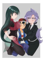 Rule 34 | 1boy, 2girls, anabel (pokemon), angry, ash ketchum, baseball cap, between breasts, black bodysuit, black gloves, black hair, black jacket, black legwear, black neckwear, black pants, black ribbon, black suit, blue vest, blunt bangs, blush, bodysuit, bodysuit under clothes, breast press, breasts, brown eyes, collarbone, creatures (company), earpiece, eyelashes, formal, frown, game freak, girl sandwich, gloves, green hair, gym leader, hand on own hip, hat, headpiece, height difference, highres, holding person, jacket, jealous, large breasts, long hair, low ponytail, multiple girls, necktie, nintendo, pam40, pants, pantyhose, pokemon, pokemon (anime), pokemon journeys, pokemon lgpe, pokemon sm, purple eyes, purple hair, red eyes, red headwear, red jacket, red skirt, ribbon, sabrina (pokemon), sandwiched, shirt, skirt, spiked hair, suit, vest, white shirt