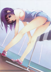 Rule 34 | 1girl, :o, absurdres, akesaka iku, ass, bare legs, bent over, breasts, cleats, downblouse, full body, gym shorts, hanging breasts, highres, hurdle, legs, nipples, no bra, open mouth, original, pigeon-toed, purple eyes, purple hair, scan, shoes, short hair, shorts, small breasts, solo, sportswear, stretching