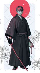 Rule 34 | 1boy, absurdres, alternate costume, black gloves, btmr game, closed mouth, gloves, hair between eyes, hakama, hakama pants, highres, holding, holding sword, holding weapon, japanese clothes, kimono, long sleeves, male focus, narukami yuu, pants, persona, persona 4, rising sun flag, signature, solo, standing, sunburst, sword, weapon, wide sleeves
