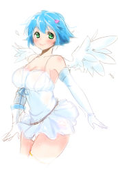 Rule 34 | 1girl, arseyou, bare shoulders, blue hair, blush, breasts, cameltoe, cleavage, detached sleeves, green eyes, hair ornament, large breasts, looking at viewer, nanael (queen&#039;s blade), panties, queen&#039;s blade, short hair, smile, solo, underwear, white background, wide hips, wings