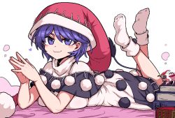 Rule 34 | 1girl, bed, blue eyes, blue hair, book, doremy sweet, formicid, hat, nightcap, red hat, simple background, solo, touhou, white background